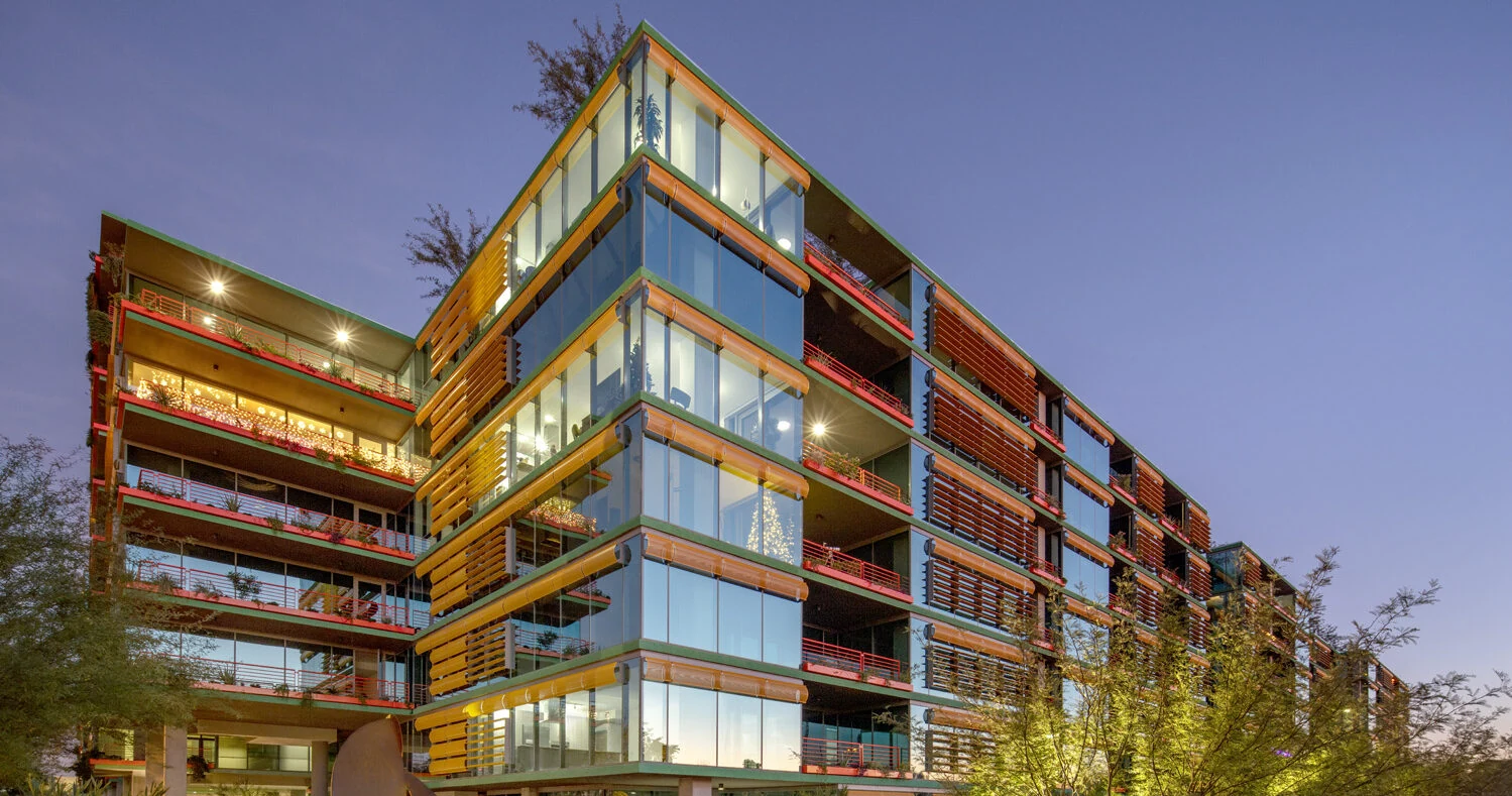 Optima community facade at dusk, Scottsdale